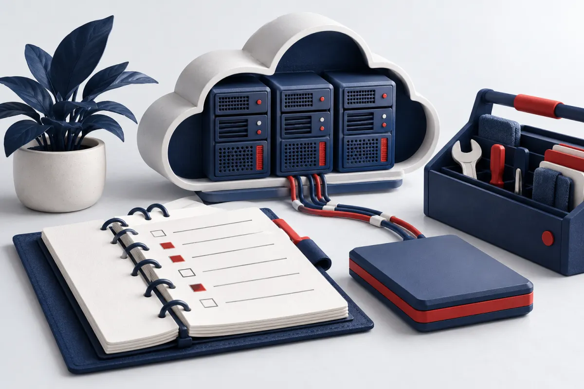 Conceptual cloud operations with service modules, a runbook and backups